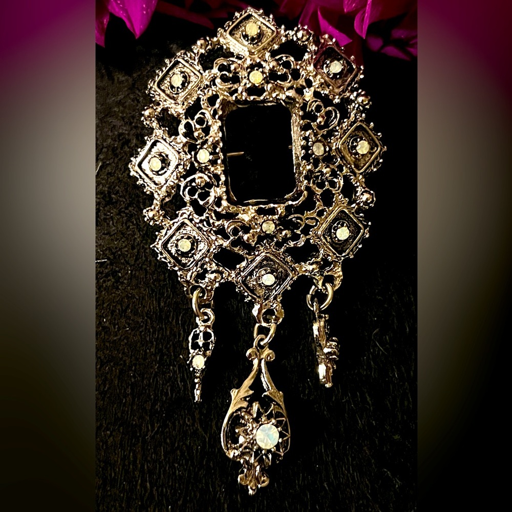 Vintage Ornate Filigree Brooch Pin with Faux Opals - 3" x 2" Statement Piece